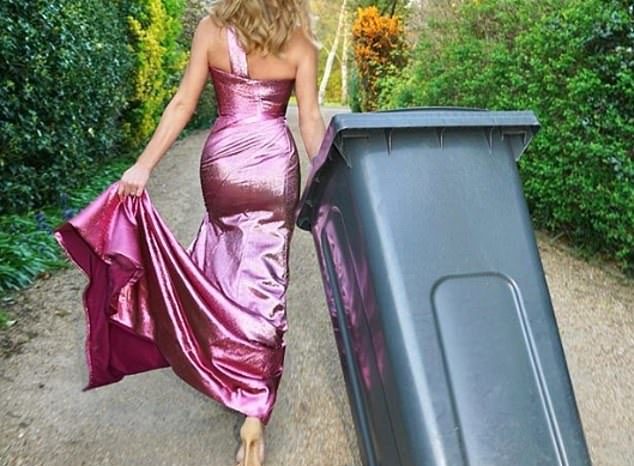 Amanda Holden mows the lawn in her old WEDDING DRESS and tiara as she has some fun during lockdown after wearing a ballgown to put the bins out